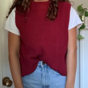 red mock-neck sweater vest